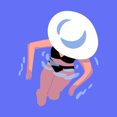 Woman swimming in water. Girl in bikini and beach hat standing in pool, relaxing on summer holiday. Overhead female character in swimwear inside sea aqua to waist. Flat vector illustration