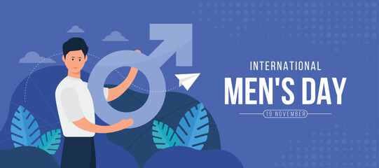 International men's day - Man charecter hold male symbol and flying paper rocket around on blue background vector design