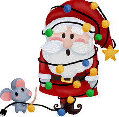 cute rat tie santa claus with christmas light merry christmas funny cute watercolor charactor christmas clipart for holiday