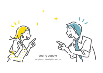 おしゃべりする若いカップル　シンプルでお洒落な線画イラスト