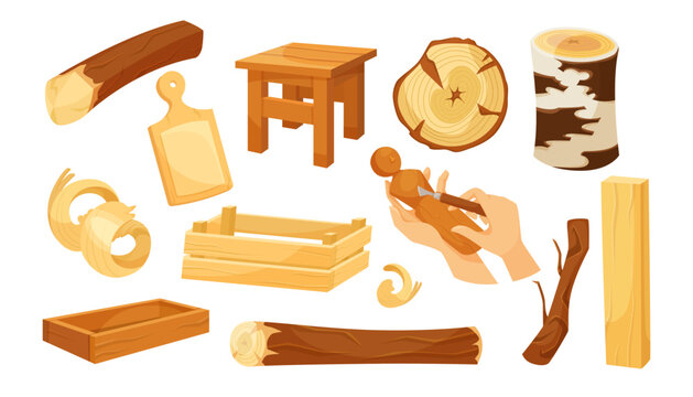 Different handmade wooden objects vector illustrations set. Cartoon drawings of log, stool, stump, hand carving doll from wood isolated on white background. Crafts, woodwork, carpentry concept