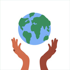 Save the planet. Hands holding globe, earth. Earth day concept. Raster illustration of icons about environmental protection and nature conservation.