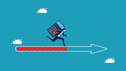investment progress. Businessman with a calculator running on an arrow bar. vector illustration