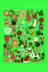 Christmas tree eco friendly decorations of winter nature flora, food, traditional symbols on green background. Large collection of natural retro decorative objects for the holiday season.