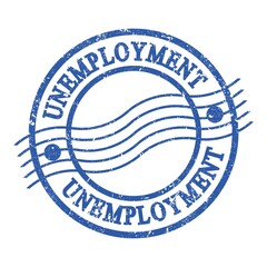 UNEMPLOYMENT, text written on blue postal stamp.