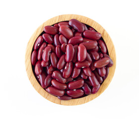 Top view of red beans or red kidney beans in wooden bowl isolated on white background.