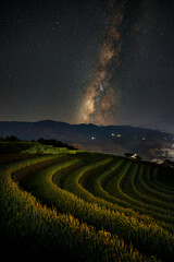 Naklejka na ściany i meble Beautiful rice terrace fields at Mu Cang Chai in northern Vietnam at night. The line of terraced fields leads to see the milky way in the sky as background. Vietnam landscape.