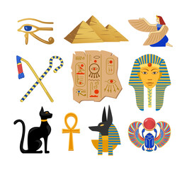 Symbols of ancient Egyptian culture cartoon illustration set. Vector collection of sphinxes, pharaoh, gold elements and pyramids isolated on white background. Egypt, history, landmark concept - obrazy, fototapety, plakaty