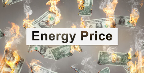 Energy price concept with burning Dollar bills