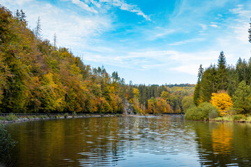 Fototapeta premium Road along the Vltava river in the autumn season.