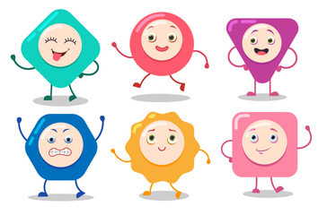 Cute geometric characters with hands, feet and funny faces. Colorful square, triangle, circle, rhomb and other figures of various shape expressing different emotions. Education, geometry concept