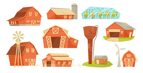 Red farm houses or sheds vector illustrations set. Front and side view of stalls, barns, greenhouse, farm constructions, silo tower, windmill isolated on white background. Farming, agriculture concept