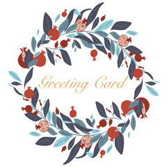 Wreath of ripe pomegranates, leaves and flowers on a white background in vector. Minimal floral ornament isolated. Wreath with plant leaves and fruit. Rosh hashanah. Flat style illustration.