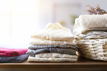 Fototapeta na wymiar Clean clothes folded on a wooden shelf in a room