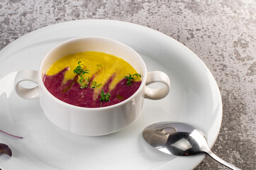 Cream soup mixed  pumpkin and beet. Vegetarian food