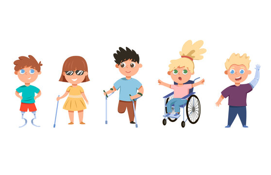 Kids with disabilities vector illustrations set. Cartoon children without legs or arms, blind girl with walking stick, child in wheelchair isolated on white background. Disability, childhood concept