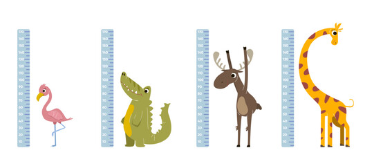 Height rulers with comic animals vector illustrations set. Wall stickers for measuring height of children with cute giraffe, crocodile cartoon characters, growth meter. Measurement, childhood concept - obrazy, fototapety, plakaty