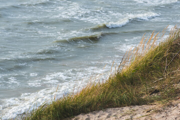 Beautiful rough grey sea with waves and sandy beach with reeds and dry grass among the dunes, travel and holidays concept, sea landscape on the Baltic Sea in Lithuania