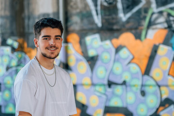 urban millennial young man on street with wall with graffiti