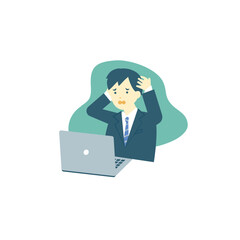 ノートパソコンの前で困っている男性