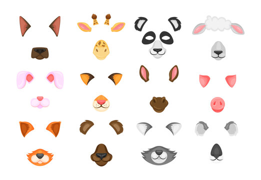 Animal face masks for video and photo set. Vector illustrations of selfie filters with ears and noses. Cartoon funny muzzles of dog cat rabbit pig bunny sheep isolated on white. Chat game concept.