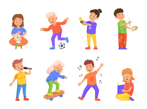 Hobbies and activities of kids set. Vector illustrations of active girls and boys. Cartoon children drawing, singing to music, playing sport games isolated on white. Childhood, kindergarten concept