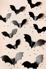 Minimal flat lay with black bats as halloween party vertical background. Pattern from decorative...