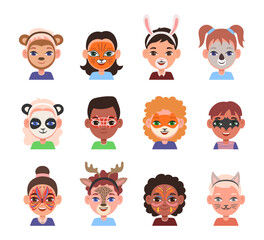 Portraits of kids with face makeup vector illustrations set. Children with creative face painting or masks, animals and heroes isolated on white background. Party, entertainment, creativity concept