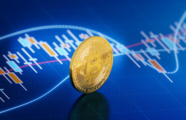 Bitcoin Sitting in Front of Bar Graph - Stock Market and Finance Concept