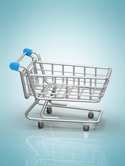 Shopping Cart Trolley on a blue background. 3d Rendering