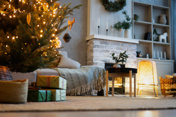 new year cozy home interior with christmas tree and garlands.