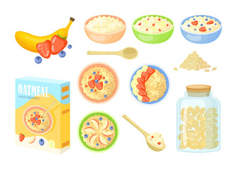 Box of cereal and bowls of oatmeal vector illustrations set. Boiled porridge with fruit and berries, oat grains in jar, wooden spoon isolated on white background. Healthy food or breakfast concept