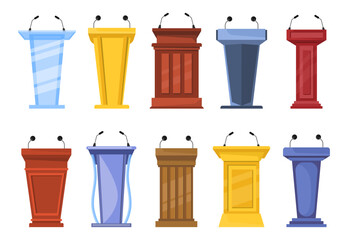 Different debate rostrums and platforms cartoon vector illustration set. Collection of wooden tribunes and glass podiums with microphones for conference, university classroom, lecture or interview