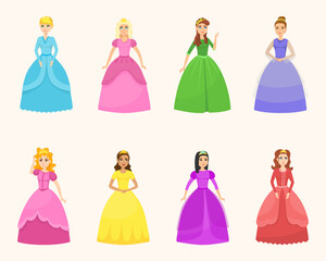 Young beautiful princesses in different poses cartoon vector illustration set. Elegant fairytale women in colored costumes and dresses for child on light background. Childrens game, fashion concept