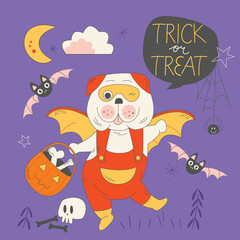 Trick or Treat greeting card template. Cute Pug in Halloween costume with pumpkin basket, skull, spider, bats and stars. Cute spooky dog cartoon flat illustration. Design for holiday greeting cards.