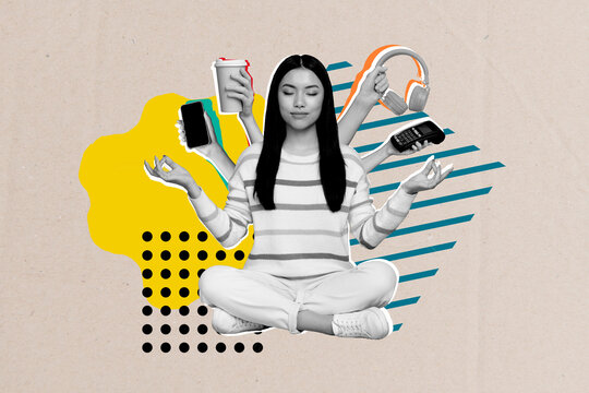 Creative photo 3d collage artwork poster postcard of calm girl meditating abstracting routine chaos isolated on drawing background