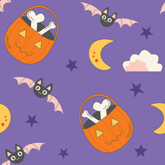 Seamless pattern of trick or treat Halloween pumpkin basket with bones, crescent moon, stars, cute bats on night spooky sky. Purple background. Repeatable motif vector for October party.