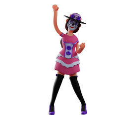 3D illustration. Cool Sugar Skull character cartoon showing happy expression. with one hand pose up and fists clenched. wearing cool costumes. 3D Cartoon Character