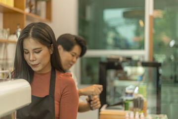 Young attractive female owner works with her LGBT partner to run a coffee shop business. A lady with apron prepares fresh coffee with machine.