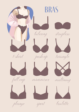 Types of woman bras . Flat female figure in bra. Nude, pastel A4 vector illustration poster for lingerie store, shop.