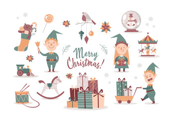 Set of cartoon isolated Christmas elves and decorative elements