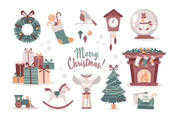 Set of cartoon isolated Christmas decorative elements