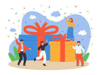 Tiny male and female characters with gift boxes under confetti. Joyful employees receiving presents for good job flat vector illustration. Reward, birthday, corporate party concept