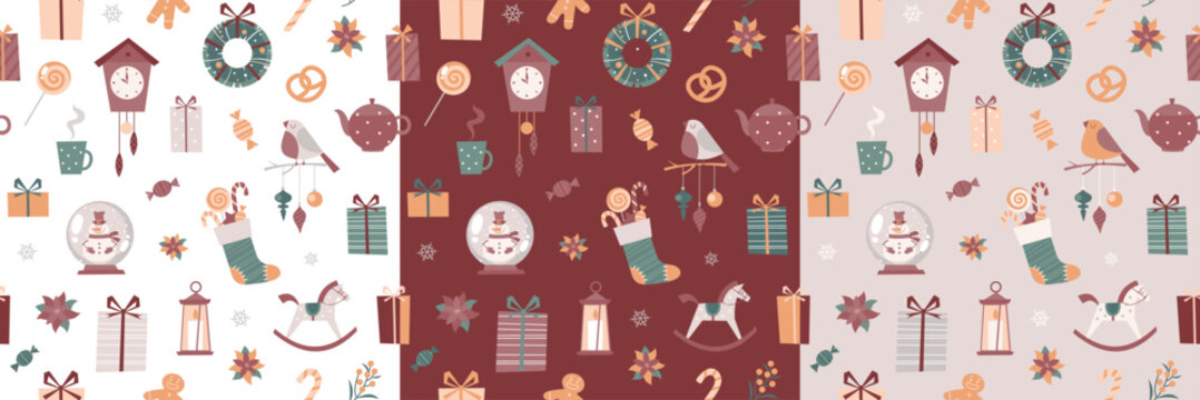 Seamless pattern of cartoon isolated Christmas decorative elements