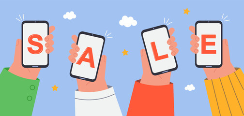 Hands of customers getting SMS about sale in shop on smartphones. Shopping app for mobile phones, people paying online via Wi-Fi flat vector illustration. Marketing, technology concept for banner