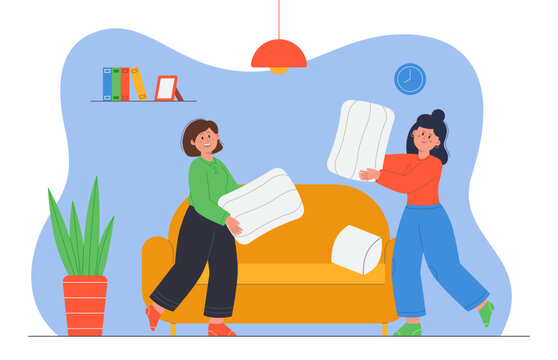 Two female friends fighting with pillows. Pillow fight, girls having fun and spending time together flat vector illustration. Friendship, leisure concept for banner, website design or landing web page