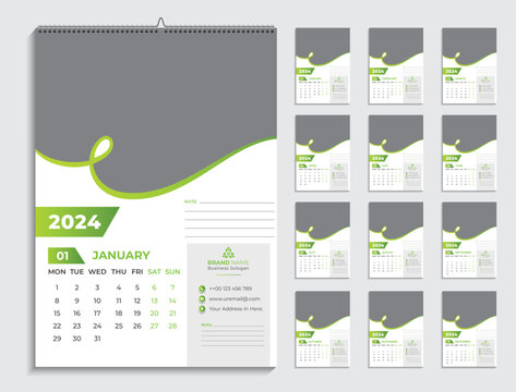 Modern wall calendar 2024, 12 page wall calendar design