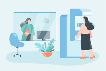 Girl doing breast examination in clinic flat vector illustration. Woman standing at mammography machine while doctor getting mammogram through cancer screening machine. Healthcare, technology concept