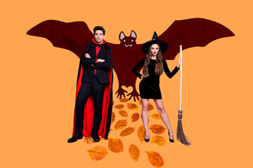 Composite collage image of serious cruel dracula guy conjurer girl big painted bat falling leaves...