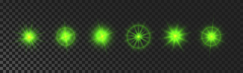 Set of green glowing sparkling stars